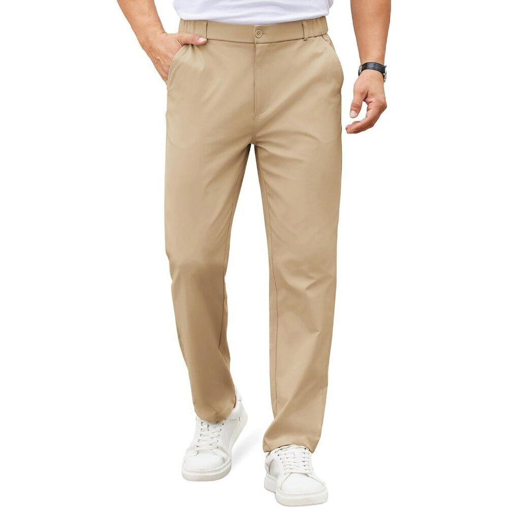 Coofandy Men Khaki Elastic Waist Business Dress Pants with Pockets